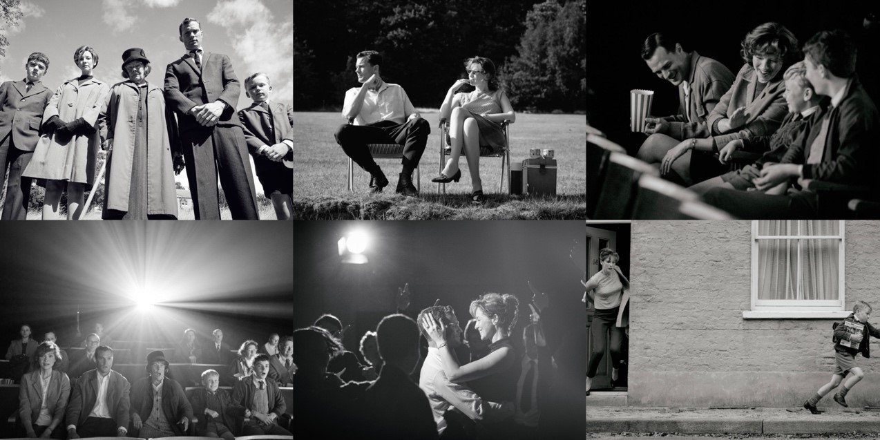 belfast Montage de scènes nostalgiques en noir et blanc montrant des moments au cinéma et en extérieur.